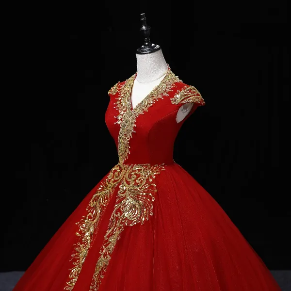 Élégant Rouge Robe De Bal 2022 Robe Boule V-Cou Perlage Perle Paillettes Mancherons Dos Nu Longue Robe De Ceremonie