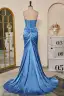 Glamourös Meerjungfrau Meeresblau Gespaltete Front Ballkleider 2024 Rüschen Satin Spaghettiträger Ärmellos Reißverschluss Festliche Kleider Sweep / Pinsel Zug