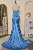 Glamorous Trumpet / Mermaid Ocean Blue Split Front Prom Dresses 2024 Ruffle Satin Spaghetti Straps Sleeveless Zipper Up Formal Dresses Sweep Train