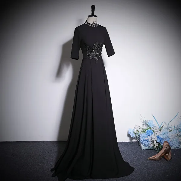 Vintage / Retro Black Rhinestone Lace Flower Prom Dresses 2023 A-Line / Princess High Neck 1/2 Sleeves Floor-Length / Long Prom Formal Dresses