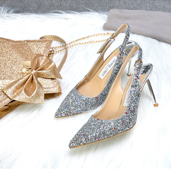 Scintillantes Champagne Soirée Chaussures Femmes 2019 Boucle Cuir Paillettes Faux Diamant 9 cm Talons Aiguilles À Bout Pointu Talons Hauts
