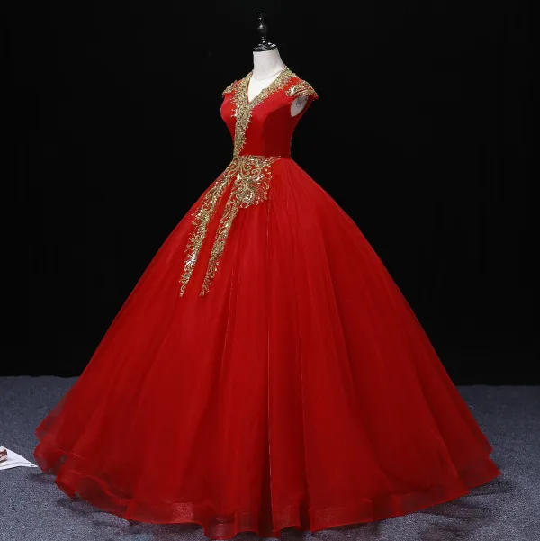 Élégant Rouge Robe De Bal 2022 Robe Boule V-Cou Perlage Perle Paillettes Mancherons Dos Nu Longue Robe De Ceremonie