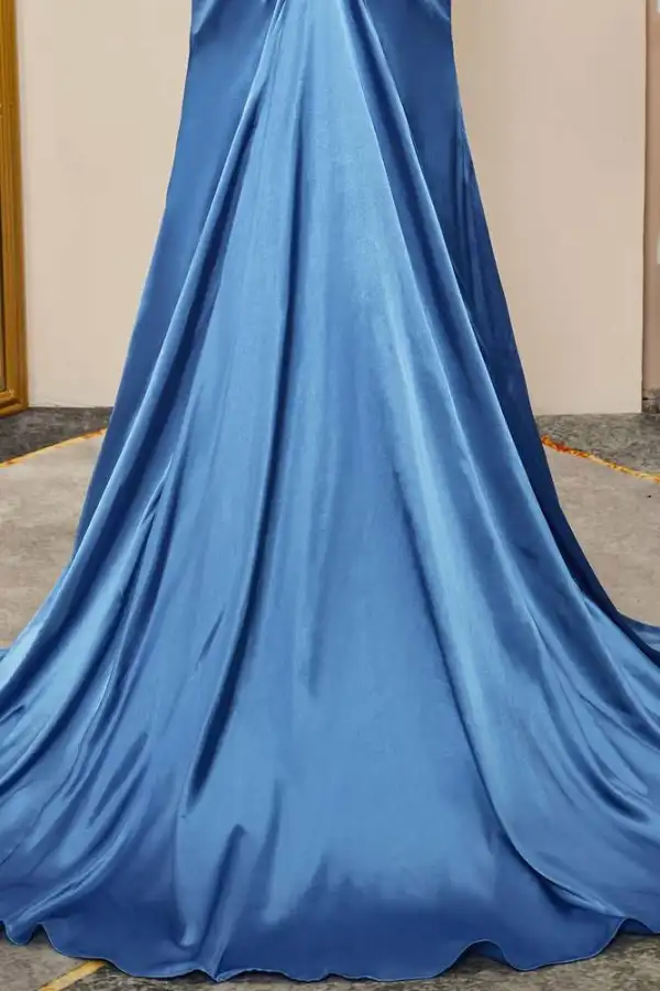 Glamourös Meerjungfrau Meeresblau Gespaltete Front Ballkleider 2024 Rüschen Satin Spaghettiträger Ärmellos Reißverschluss Festliche Kleider Sweep / Pinsel Zug