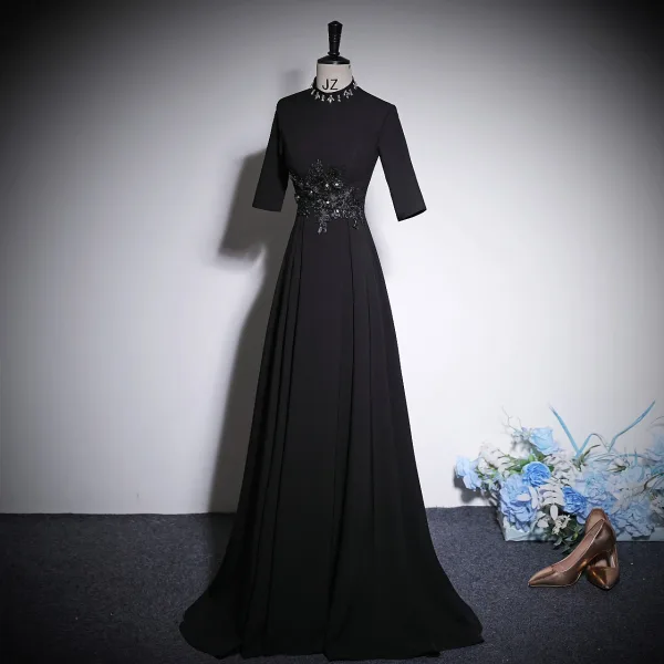 Vintage / Retro Black Rhinestone Lace Flower Prom Dresses 2023 A-Line / Princess High Neck 1/2 Sleeves Floor-Length / Long Prom Formal Dresses