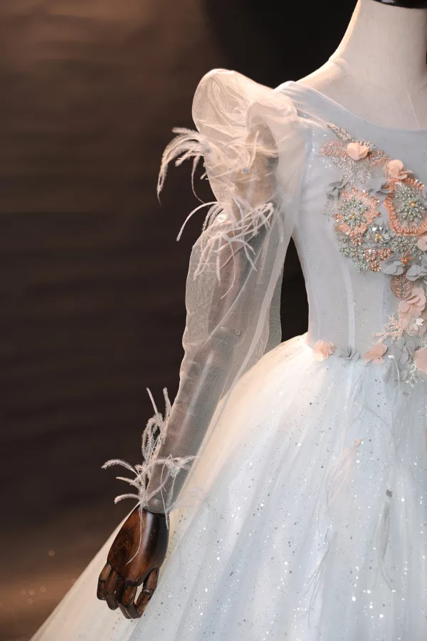 Style Audrey Hepburn Plumes Hiver Manches Longues Robe De Bal 2024 Gris Robe Boule Bretelles croisées Robe De Cérémonie