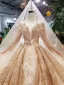 Luxe Doré Robe De Mariée 2019 Robe Boule Glitter Tulle Encolure Dégagée Perlage Cristal Gland En Dentelle Fleur Manches Longues Dos Nu Royal Train