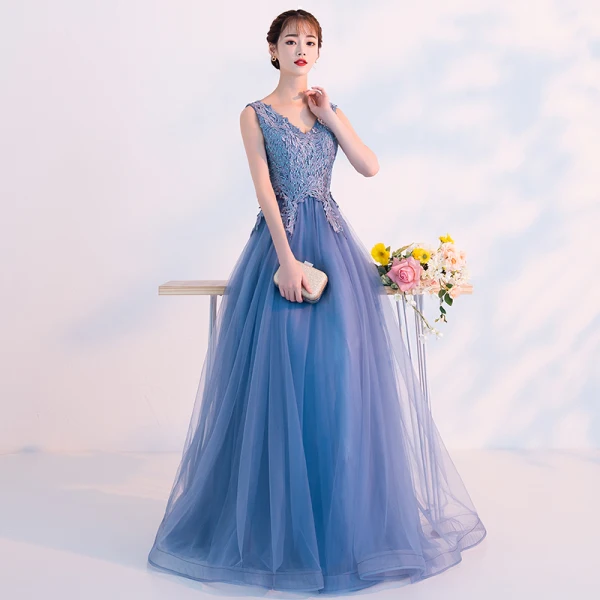 Affordable Pool Blue Evening Dresses 2019 A-Line / Princess V-Neck Lace Flower Sleeveless Backless Floor-Length / Long Formal Dresses