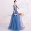 Affordable Pool Blue Evening Dresses  2019 A-Line / Princess V-Neck Lace Flower Sleeveless Backless Floor-Length / Long Formal Dresses