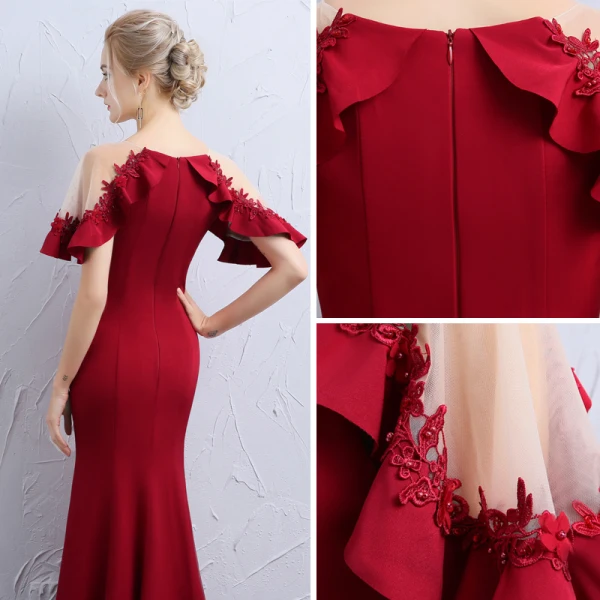 Élégant Bordeaux Transparentes Robe De Soirée 2018 Trompette / Sirène Encolure Dégagée Manches Courtes Appliques En Dentelle Perle Longue Volants Robe De Ceremonie