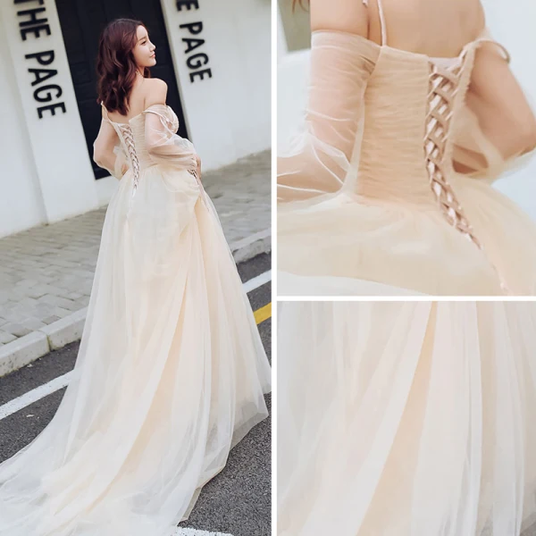 Charming Champagne Summer Prom Dresses 2018 Empire Spaghetti Straps Off-The-Shoulder Long Sleeve Chapel Train Ruffle Backless Formal Dresses