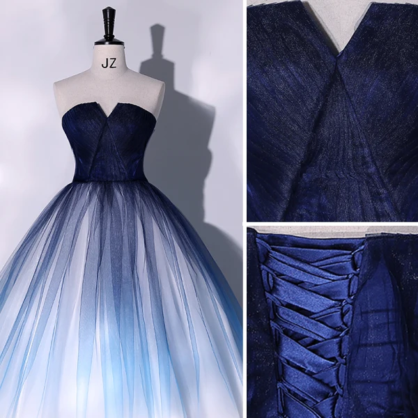Elegant Gradient-Color Ocean Blue Prom Dresses 2022 Ball Gown Strapless Sleeveless Long