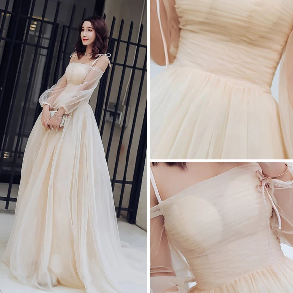 Charming Champagne Summer Prom Dresses 2018 Empire Spaghetti Straps Off-The-Shoulder Long Sleeve Chapel Train Ruffle Backless Formal Dresses