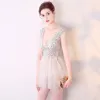 Chic / Beautiful Champagne Graduation Dresses 2017 V-Neck Lace Backless Sequins Homecoming A-Line / Princess Evening Party