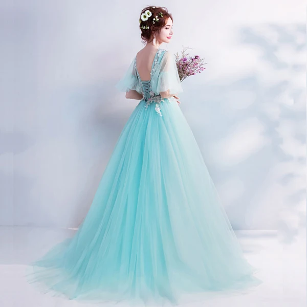 Chic / Beautiful Sky Blue Prom Dresses 2017 A-Line / Princess V-Neck Tulle Appliques Backless Beading Prom Formal Dresses