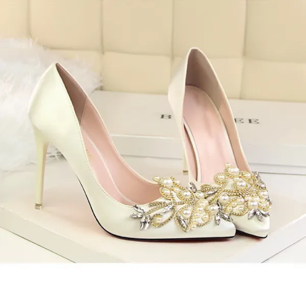 Chic Belle Blanche Soiree 2018 Promo Perlage Cristal Talons Hauts 10 cm Escarpins Chaussures Femmes