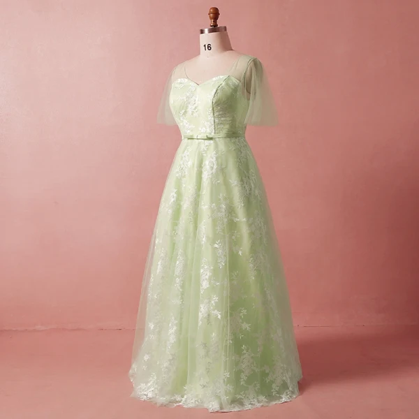 Chic / Beautiful Green Plus Size Evening Dresses 2018 Summer A-Line / Princess 1/2 Sleeves Crossed Straps Sash V-Neck Tulle Appliques Backless Evening Party Formal Dresses