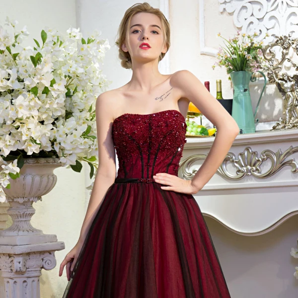 Modern / Fashion Burgundy Evening Dresses 2017 A-Line / Princess Tulle Backless Beading Handmade Evening Party Prom Formal Dresses