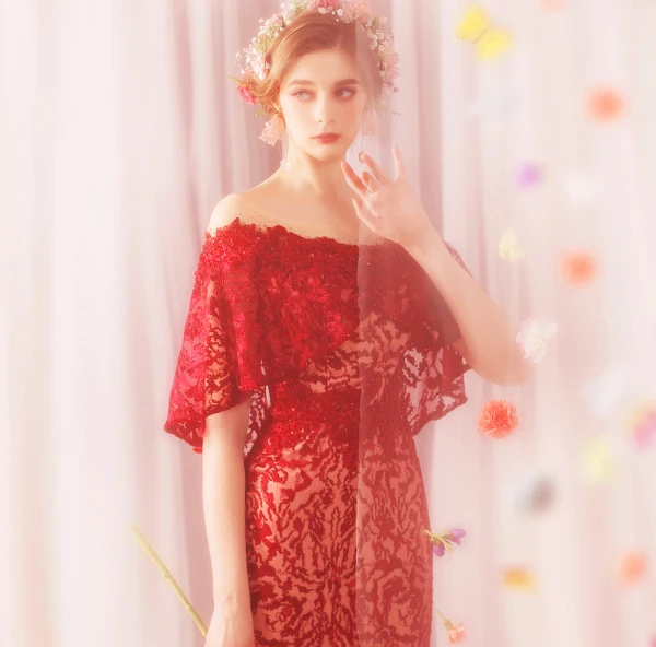 Charming Red Floor-Length / Long Evening Dresses 2018 Trumpet / Mermaid Tulle U-Neck Appliques Backless Beading Evening Party Formal Dresses