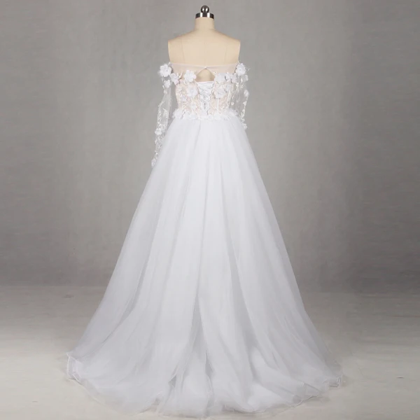 Blomma Fe Elfenben Domstol Tåg Bröllop 2018 Trumpet / Sjöjungfru Långärmad Tyll Appliqués Halterneck Beading Pierced Axelbandslös Bröllopsklänningar