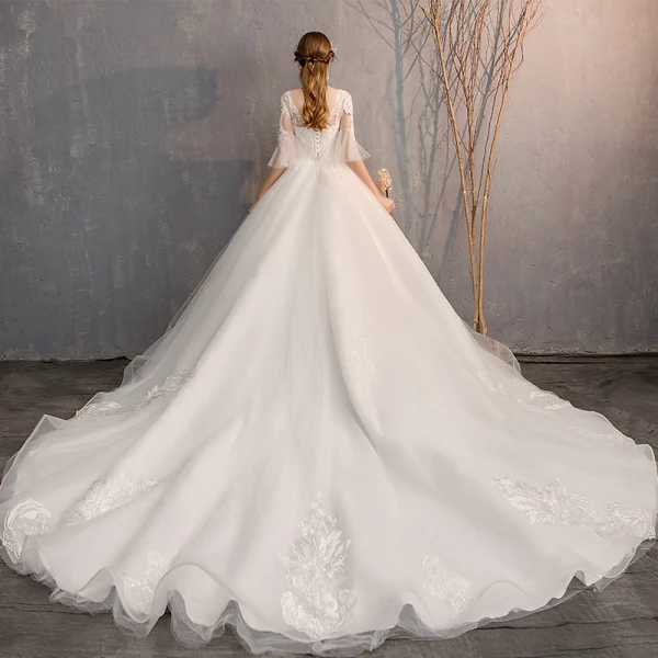 Luxury / Gorgeous White Ball Gown Wedding Dresses 2019 Tulle Lace V-Neck Appliques Backless Beading Pearl Sequins Cathedral Train Church Wedding