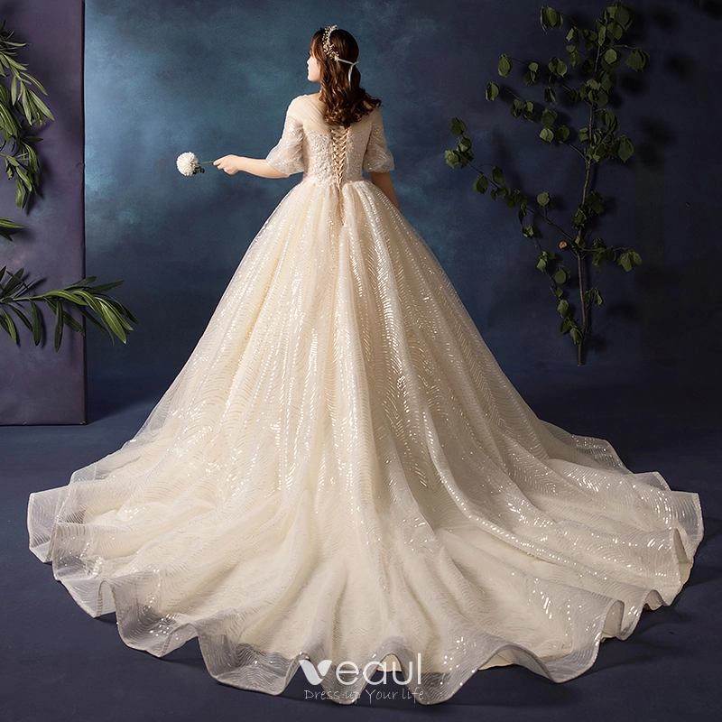 Sparkly Bling Bling Plus Size Champagne Wedding Dresses 2019 A Line Princess V Neck 1 2 Sleeves Tulle Glitter Sequins Chapel Train