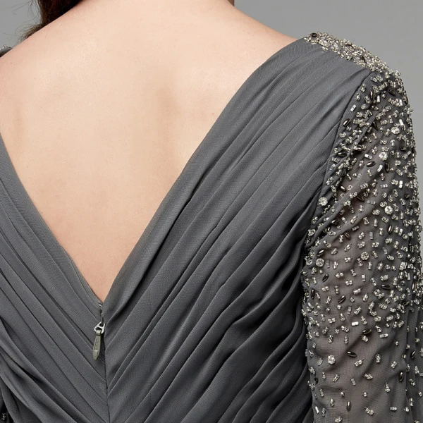 Modern / Fashion Sexy Grey Evening Dresses 2020 A-Line / Princess Deep V-Neck Floor-Length / Long Long Sleeve Backless Handmade Beading Crystal Sequins Cocktail Party Evening Party Formal Dresses