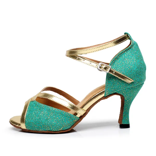 Modern / Fashion Glitter Green Latin Dance Shoes 2020 Leather Summer Dancing Prom X-Strap High Heels Sandals Open / Peep Toe Womens Shoes