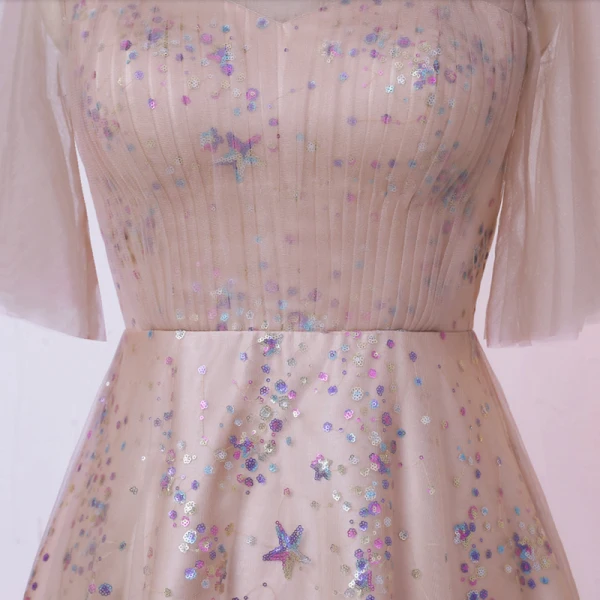 Bling Bling Sparkly Champagne Plus Size Evening Dresses 2020 A-Line / Princess U-Neck Floor-Length / Long Beading Sequins Short Sleeve Evening Party Formal Dresses