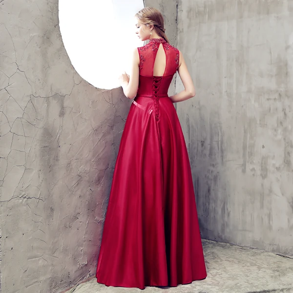 Modern / Fashion Burgundy Evening Dresses 2018 A-Line / Princess High Neck Charmeuse Backless Beading Rhinestone Evening Party Formal Dresses