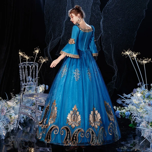 Vintage / Retro Medieval Best Royal Blue Ball Gown Prom Dresses 2021 Zipper Up 3/4 Sleeve Floor-Length / Long Square Neckline 3D Lace Handmade Beading Appliques Flower Rhinestone Cosplay Prom Formal Dresses