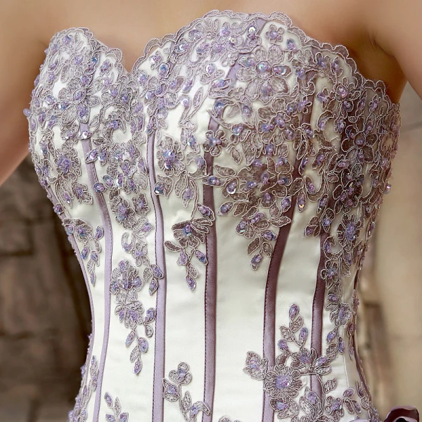 Romantic White Purple Wedding Dresses 2017 Organza Rhinestone Appliques Corset Pearl Wedding