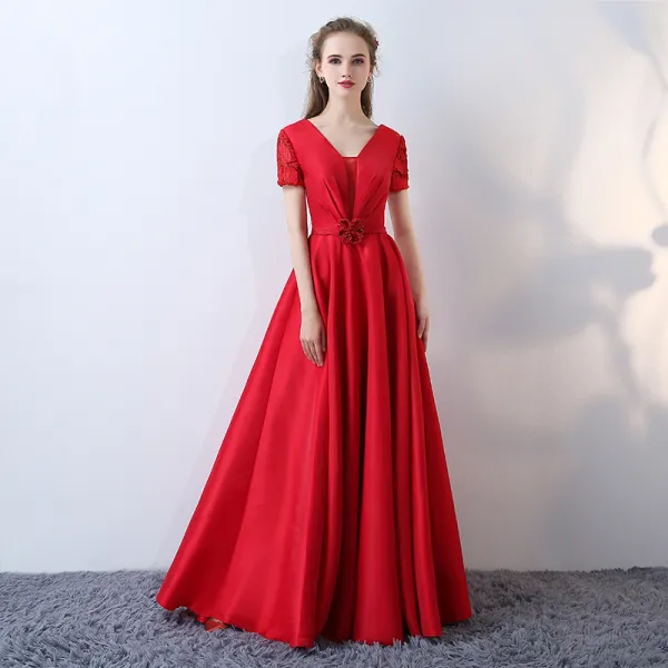 Chic / Beautiful Red Evening Dresses  2017 A-Line / Princess V-Neck Lace Striped Appliques Backless Embroidered Charmeuse Formal Dresses