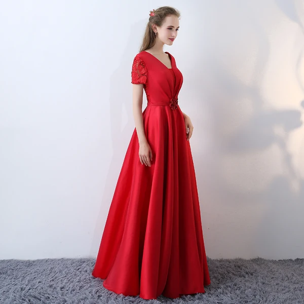 Chic / Beautiful Red Evening Dresses 2017 A-Line / Princess V-Neck Lace Striped Appliques Backless Embroidered Charmeuse Formal Dresses