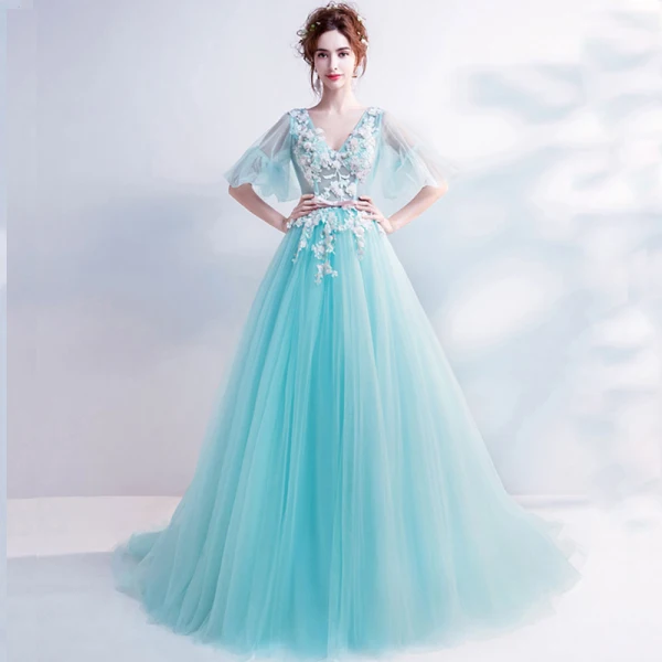 Chic / Beautiful Sky Blue Prom Dresses 2017 A-Line / Princess V-Neck Tulle Appliques Backless Beading Prom Formal Dresses