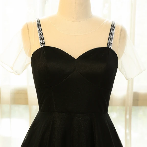 Modest / Simple Black Plus Size Prom Dresses 2018 A-Line / Princess Short Sleeve Crossed Straps Tulle U-Neck Printing Evening Party Evening Dresses