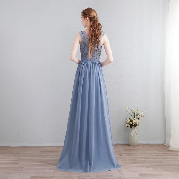 Chic / Beautiful Sweep Train Grey Evening Dresses 2018 A-Line / Princess Chiffon U-Neck Lace-up Backless Pierced Formal Dresses