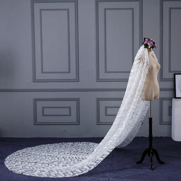 Chic / Belle Blanche Cathedral Train Voile De Mariée Tulle Appliques Plumes Mariage 2018