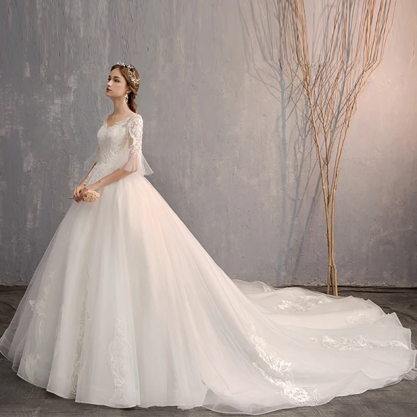 Luxury / Gorgeous White Ball Gown Wedding Dresses 2019 Tulle Lace V-Neck Appliques Backless Beading Pearl Sequins Cathedral Train Church Wedding
