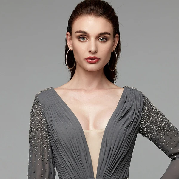 Modern / Fashion Sexy Grey Evening Dresses 2020 A-Line / Princess Deep V-Neck Floor-Length / Long Long Sleeve Backless Handmade Beading Crystal Sequins Cocktail Party Evening Party Formal Dresses