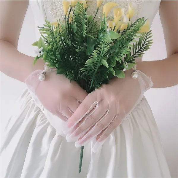 Schlicht Weiß Brauthandschuhe 2020 Perlenstickerei Perle Tülle Ball Hochzeit Brautaccessoires