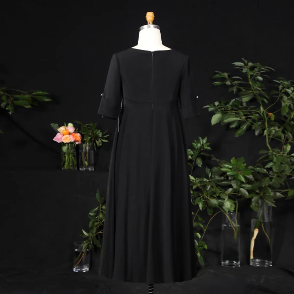 Classic Elegant Black Plus Size Evening Dresses 2021 A-Line / Princess V-Neck 1/2 Sleeves Satin Buckle Pearl Solid Color Evening Party Short Formal