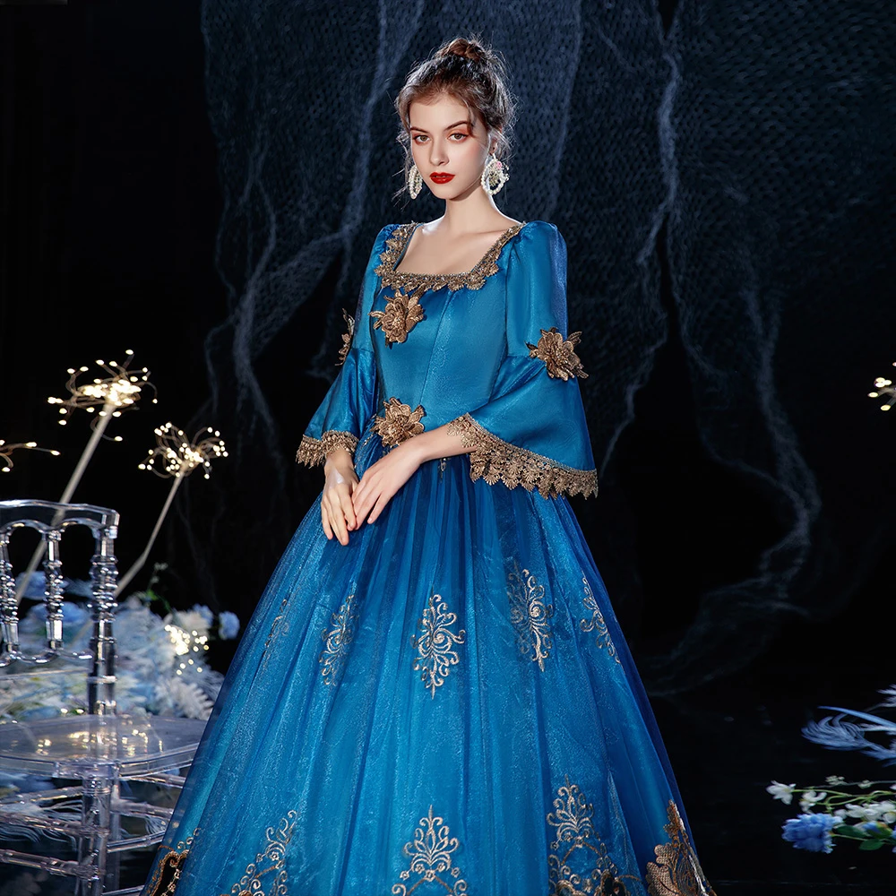 Vintage Retro Medieval Best Royal Blue Ball Gown Prom Dresses 2021 Zipper Up 3/4 Sleeve