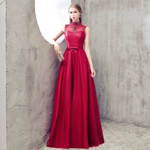 Modern Fashion Burgundy Evening Dresses 2018 A Line Princess High Neck Charmeuse Backless Beading Rhinestone Evening Party Formal Dresses