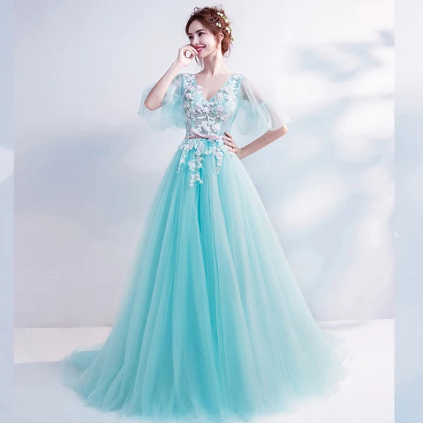 Chic / Beautiful Sky Blue Prom Dresses 2017 A-Line / Princess V-Neck Tulle Appliques Backless Beading Prom Formal Dresses
