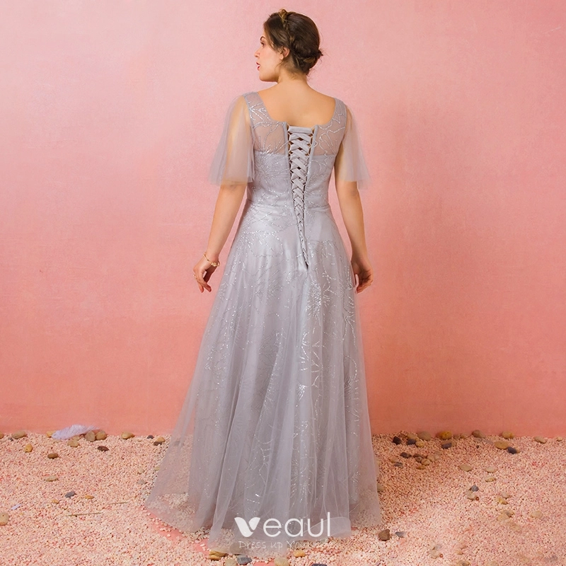 silver plus size formal dress Plus Size V-neck Silver Stretchy Glossy Leather Mermaid Prom Dress