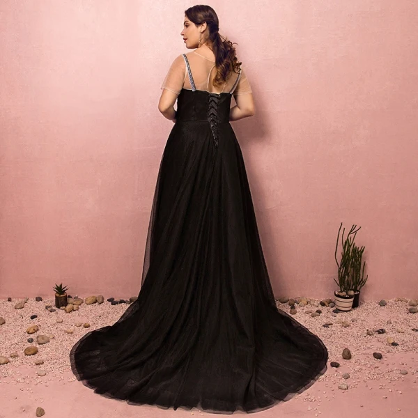 Modest / Simple Black Plus Size Prom Dresses 2018 A-Line / Princess Short Sleeve Crossed Straps Tulle U-Neck Printing Evening Party Evening Dresses