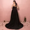 Simple Noire Grande Taille Robe De Bal 2018 Princesse Manches Courtes Bretelles croisées Tulle U-Cou Impression Soirée Robe De Soirée