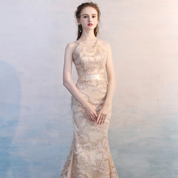 Amazing / Unique Champagne Court Train Evening Dresses  2018 Trumpet / Mermaid High Neck Charmeuse Striped Evening Party Formal Dresses