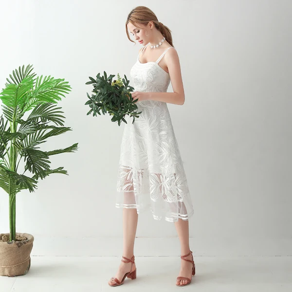 Chic / Beautiful White Tea-length Evening Dresses  2018 A-Line / Princess Lace Up Appliques Backless Evening Party Formal Dresses