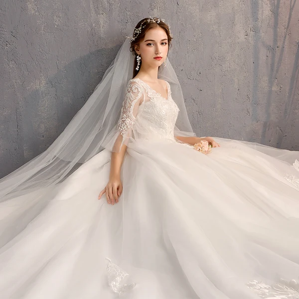Luxury / Gorgeous White Ball Gown Wedding Dresses 2019 Tulle Lace V-Neck Appliques Backless Beading Pearl Sequins Cathedral Train Church Wedding